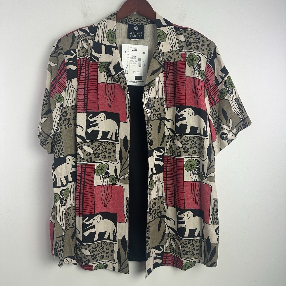 Maggie Barnes Safari Animalโ All Over Print Button Up Layered Short Size 22W NWT